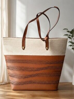Women’s Cream Canvas & Camel Tan Large Leather Tote Bag